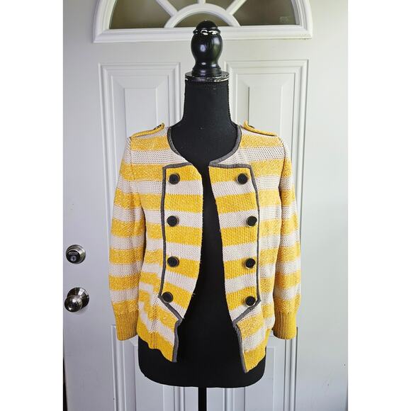 LOFT Military Style Cardigan Sweater Yellow Cream Striped Cotton Size Small - Picture 1 of 12